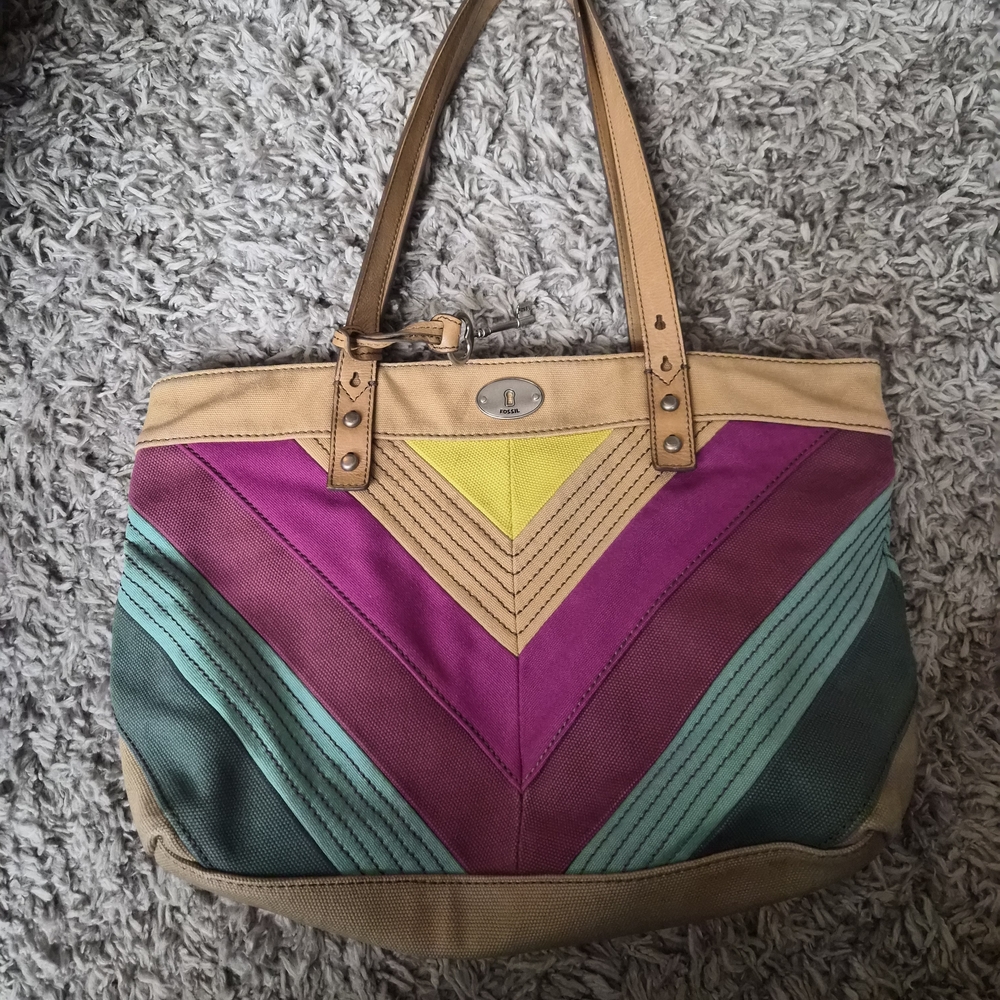 Fossil Colorblock Canvas Tote Leather Straps Key Charm